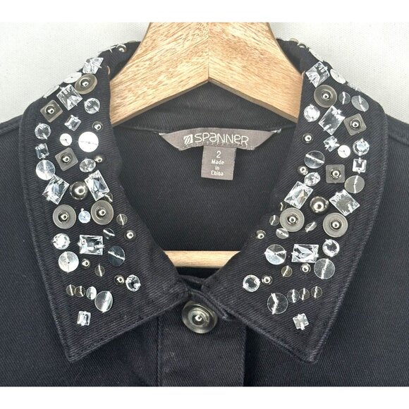 Spanner Womens Denim Jean Jacket Rhinestone Collar Boho Snap Button Black Size 2 - Picture 7 of 12